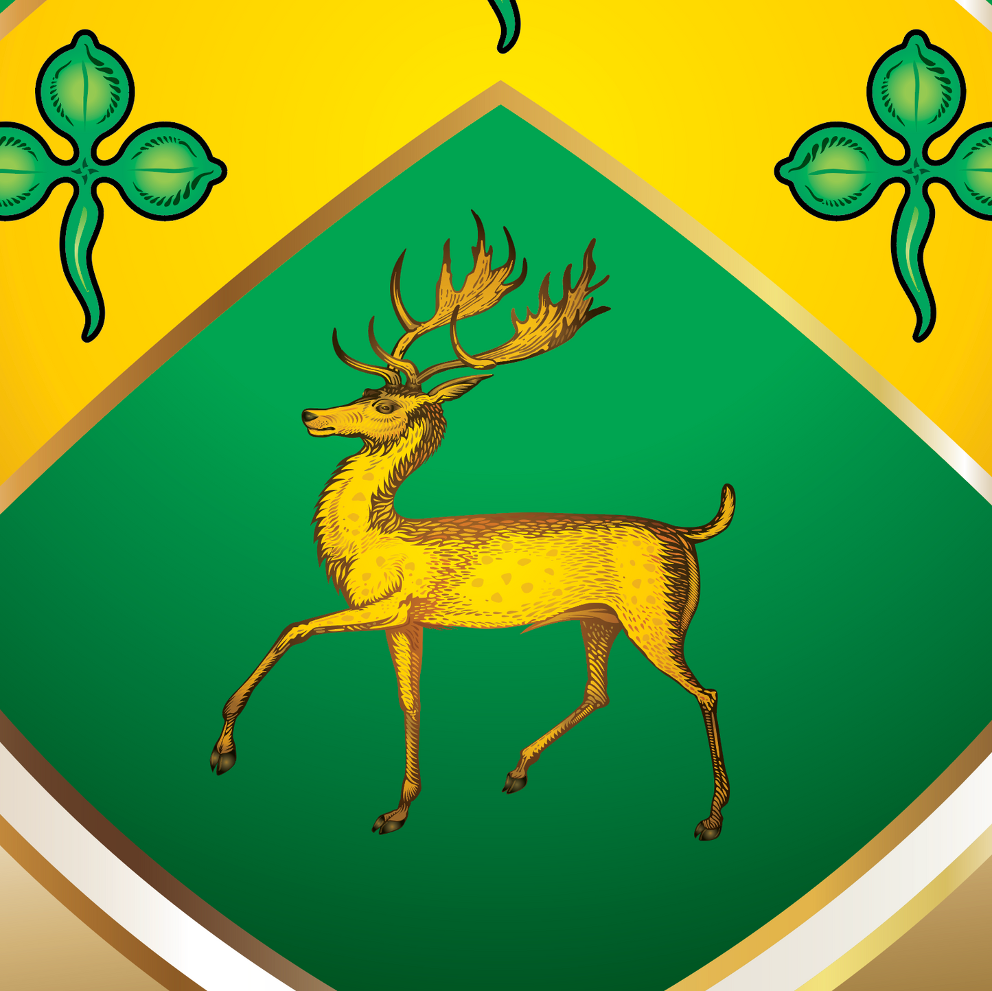 Detailed close up of Robinson Family Crest deer and trefoils