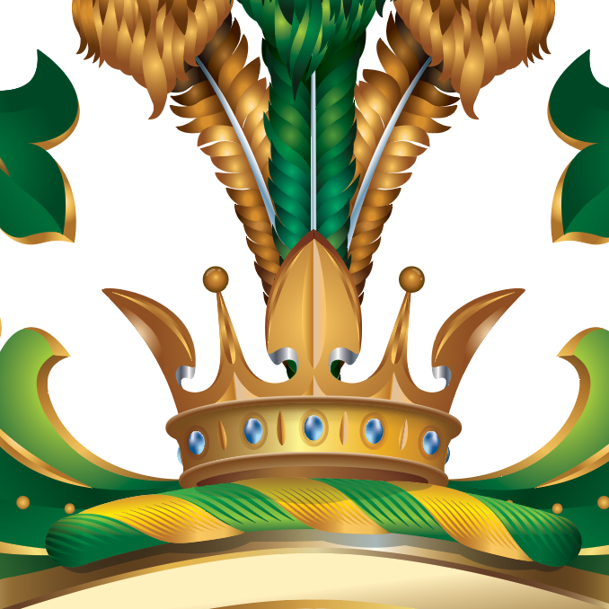Detailed_closeup_of_Clarke_Family_Crest with a crown, feathers, and green and gold colors on a white background