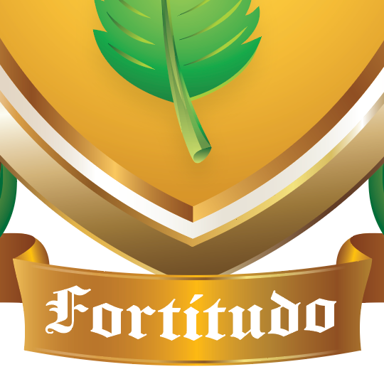 Detailed closeup of Family Crest with a green leaf and a gold banner with motto text on a white background