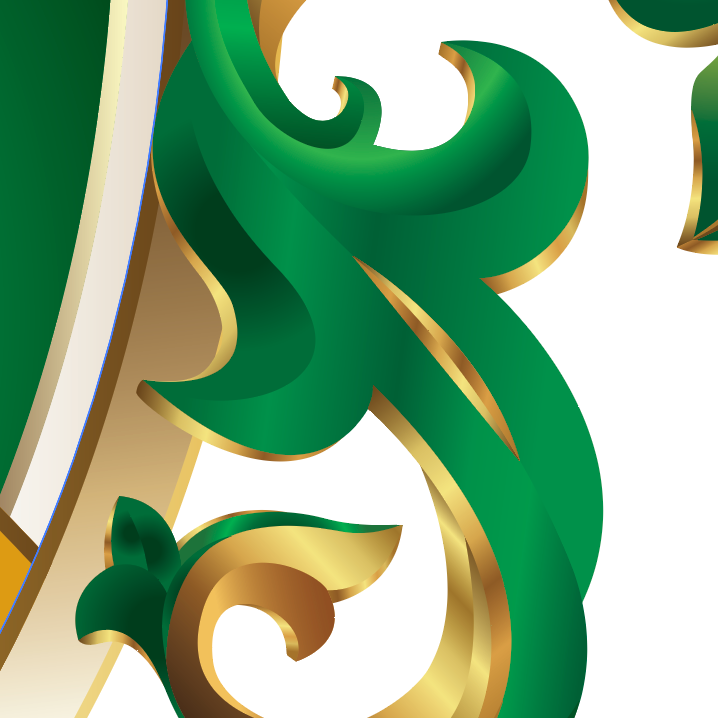 Detailed closeup of Robinson Family Crest mantling decorative green and gold design on a white background