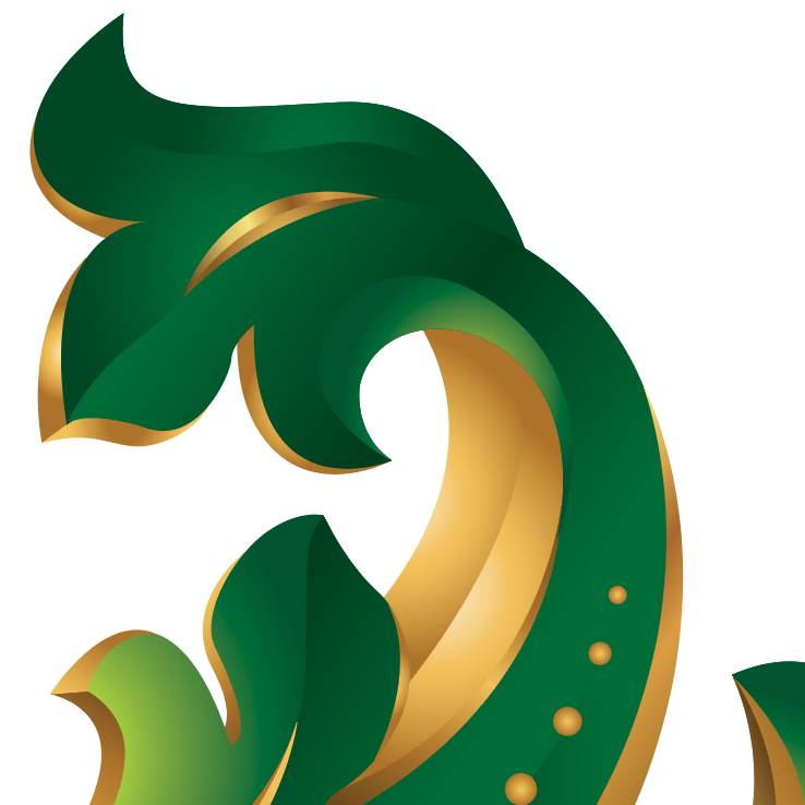 Detailed closeup of Robinson Family Crest mantling top with swirling green and gold elements