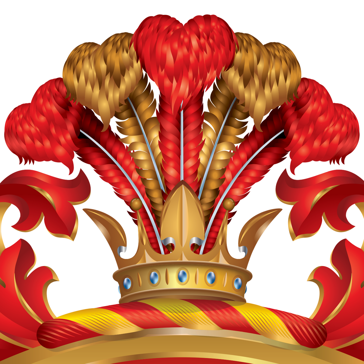 A close up of the Diaz Family Crest featuring a gold crown with red and gold feathers, a gold crown, blue jewel accents, and red-and-gold scrollwork on a white background.