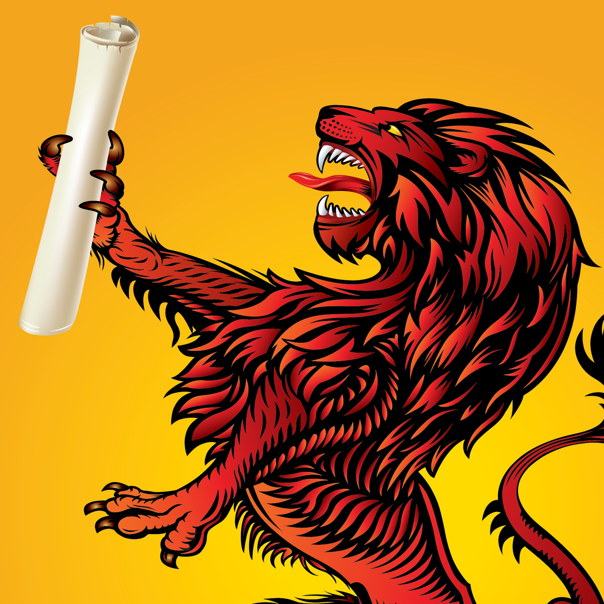A close up of the Diaz Family Crest showing a red lion rampant holding a white scroll, set against a gold background.