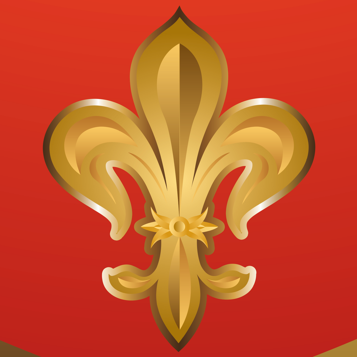 A close up of the Diaz Family Crest featuring a gold fleur-de-lis emblem centered on a solid red background.