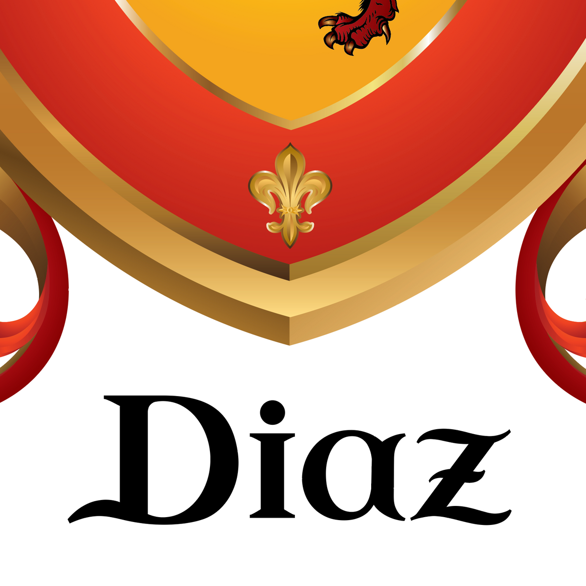 A close up of the Diaz Family Crest showing the bottom of the shield with a fleur-de-lis above the name 'Diaz' in black serif lettering on a white background.