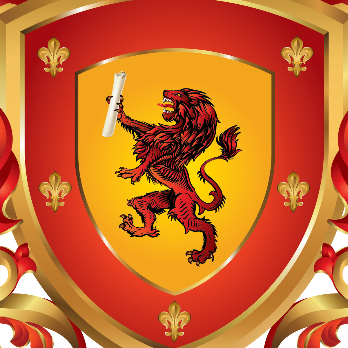 A close up of the Diaz Family Crest with a red lion rampant on a yellow background, surrounded by a red and gold border with fleur-de-lis motifs. 