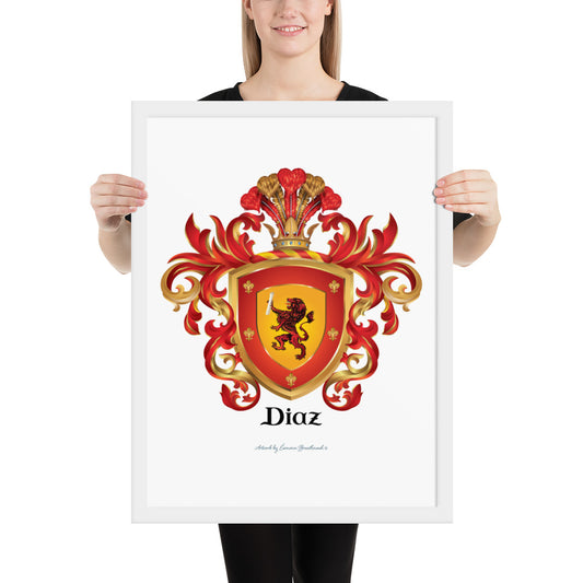 A woman standing in a white background, holding a white framed print of the Diaz Family Crest featuring a red lion holding a scroll.