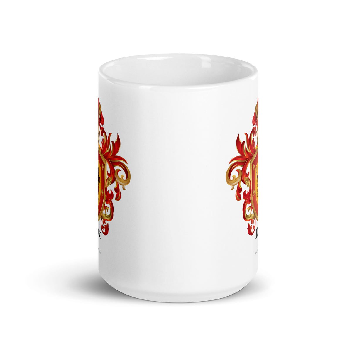 Side view of the Diaz Family Crest showing twice on a white mug.