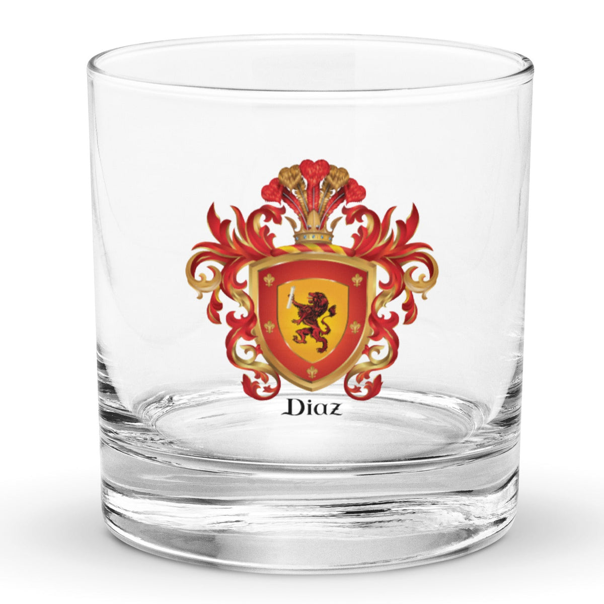 A clear classic heavy base rocks glass on a white background, printed with the Diaz Family Crest from Asturias featuring a red lion with scroll.