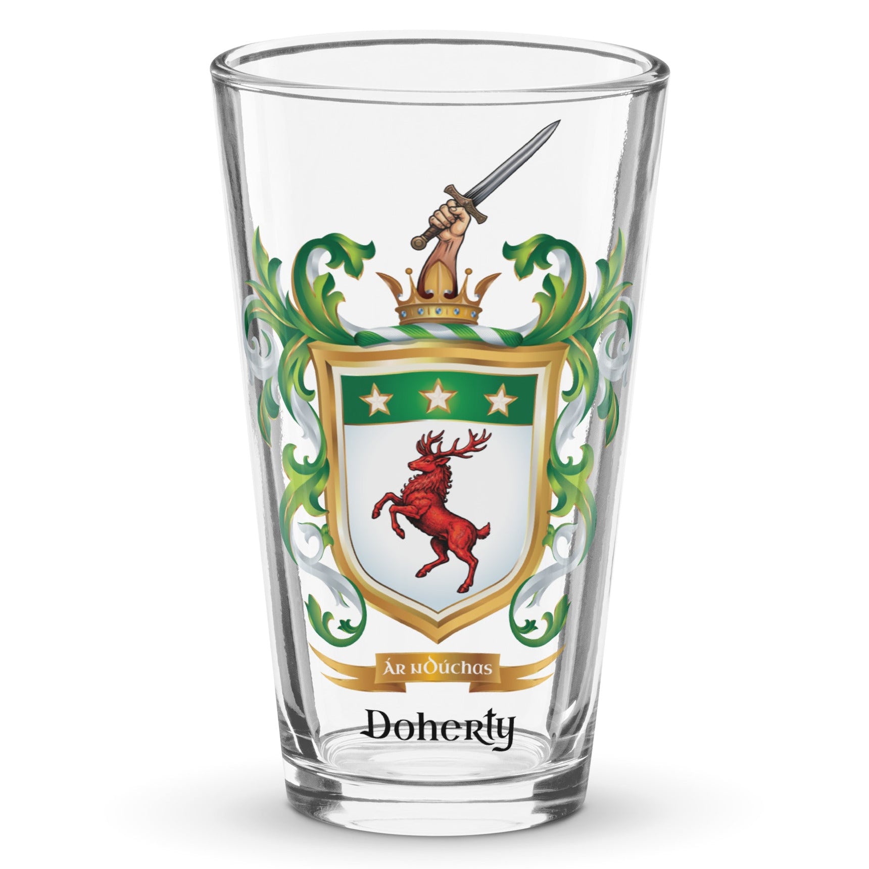 A pint glass on a white background with the Doherty Family Crest featuring a red stag on a white shield, on the front of the glass.
