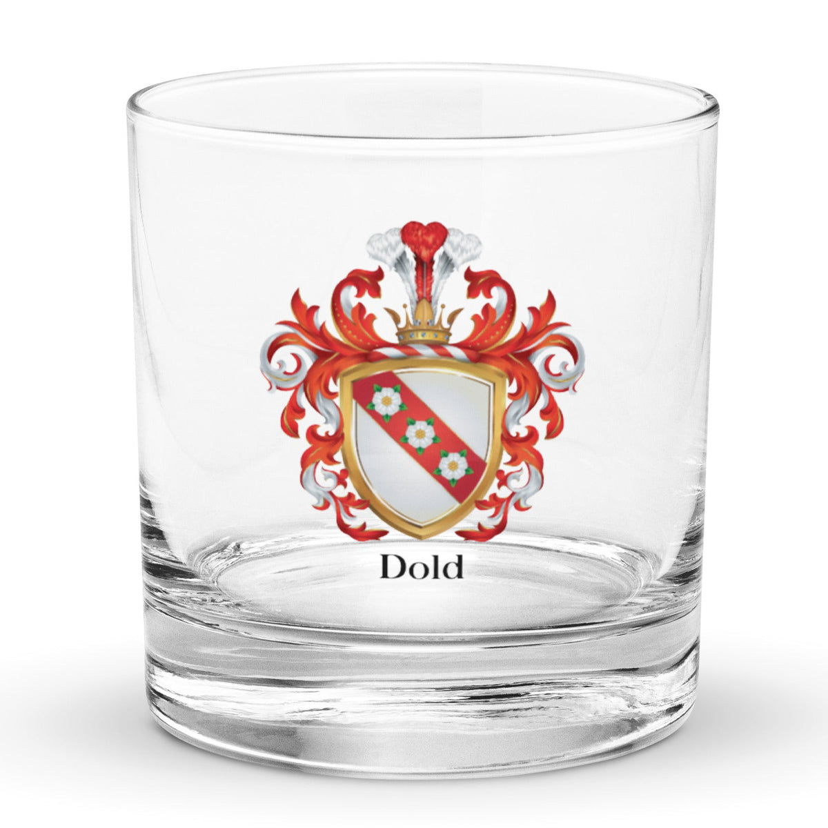 A classic heavy base rocks glass with Dold Family Crest featuring 3 white roses on a red banner on the front of the shield.