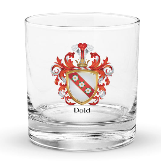 A classic heavy base rocks glass with Dold Family Crest featuring 3 white roses on a red banner on the front of the shield.