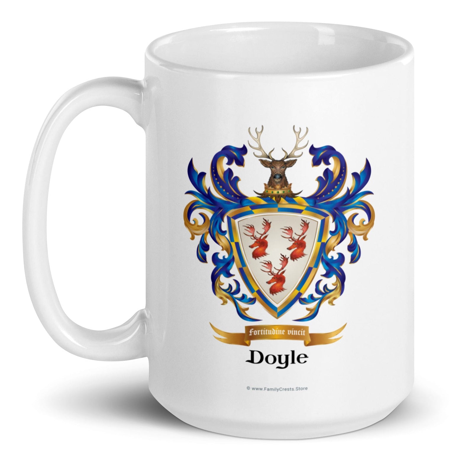 A white ceramic mug featuring a printed Doyle family crest with a deer, blue and gold flourishes, and the name 'Doyle' below, shown on a clean white background.