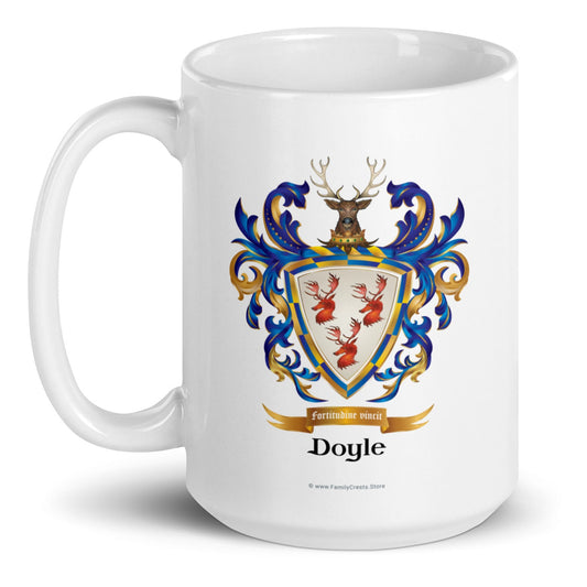 A white ceramic mug featuring a printed Doyle family crest with a deer, blue and gold flourishes, and the name 'Doyle' below, shown on a clean white background.