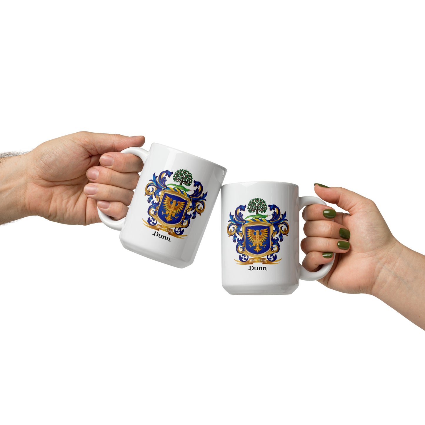 Two hands holding white mugs with blue and gold Dunn family crest designs on a white background in 'cheers' gesture.