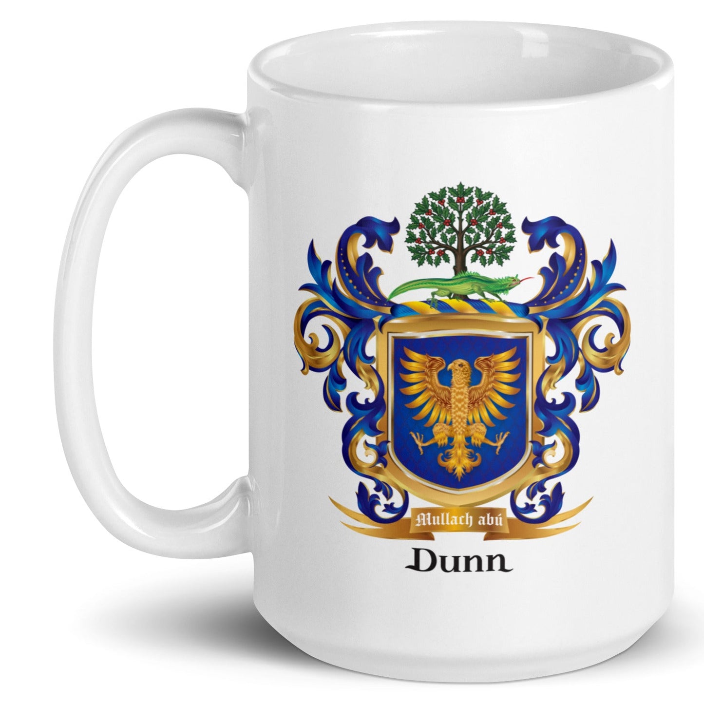 A white ceramic mug featuring a printed Dunn family crest with a blue and gold shield, a green holly tree and lizard, and the name 'Dunn' printed below in black.