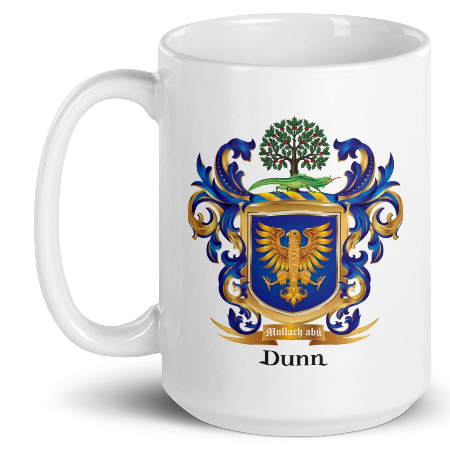 A white ceramic mug featuring a printed Dunn family crest with a blue and gold shield, a green holly tree and lizard, and the name 'Dunn' printed below in black.
