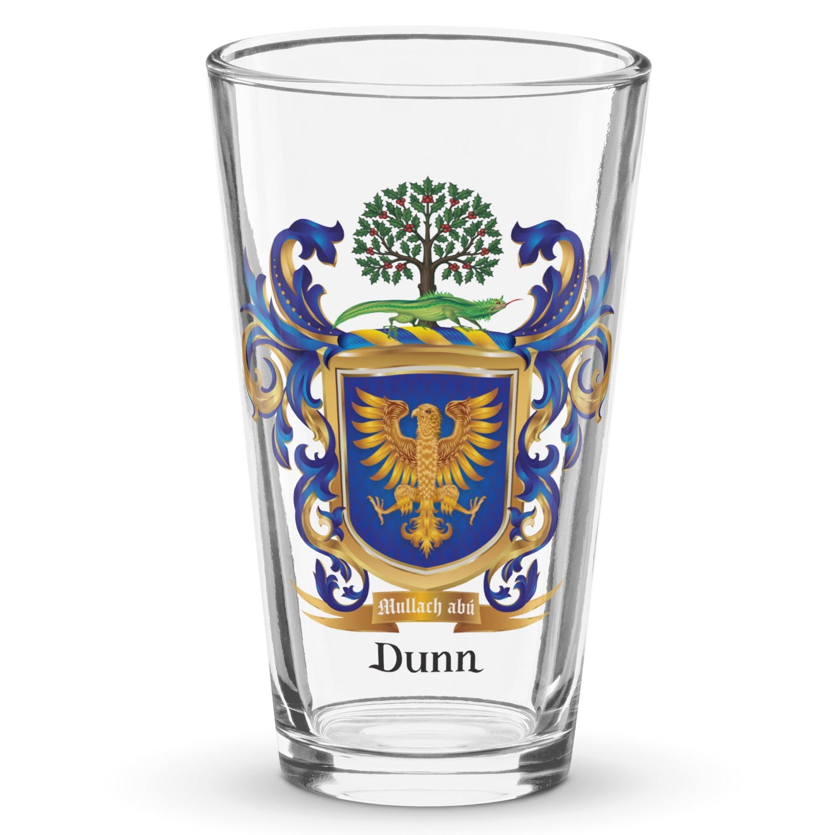 A clear pint glass featuring a printed Dunn family crest with a gold eagle, blue and gold scrollwork, a green tree, and the name 'Dunn' printed below.
