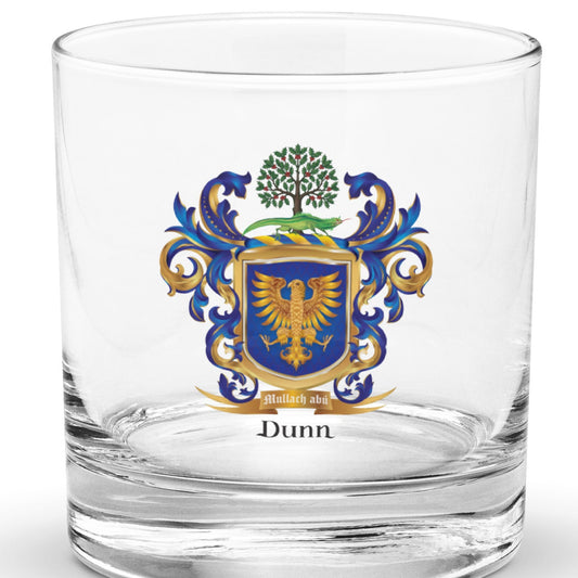 Clear glass with a blue and gold Dunn coat of arms and 'Dunn' text in black below the shield pictured on a white background