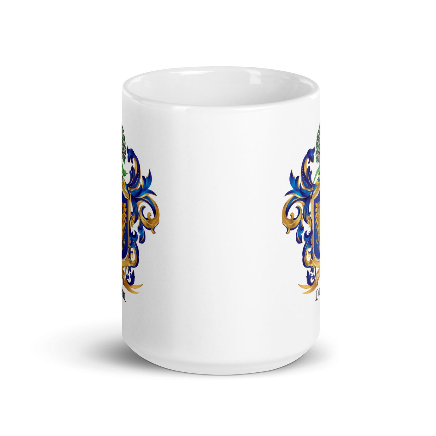 A white mug on a white background showing visible parts of Dunn family crest print twice on mug