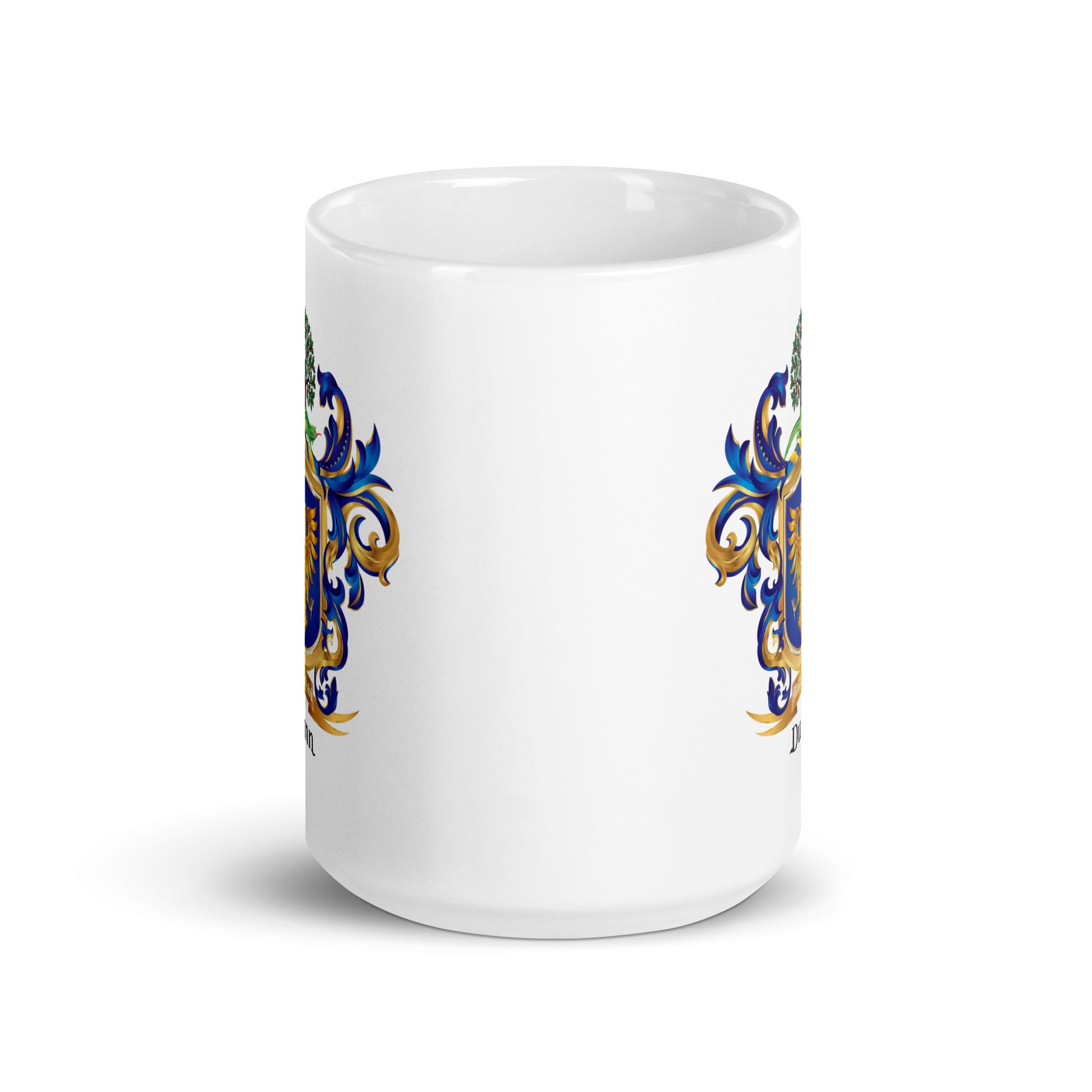 A white mug on a white background showing visible parts of Dunn family crest print twice on mug