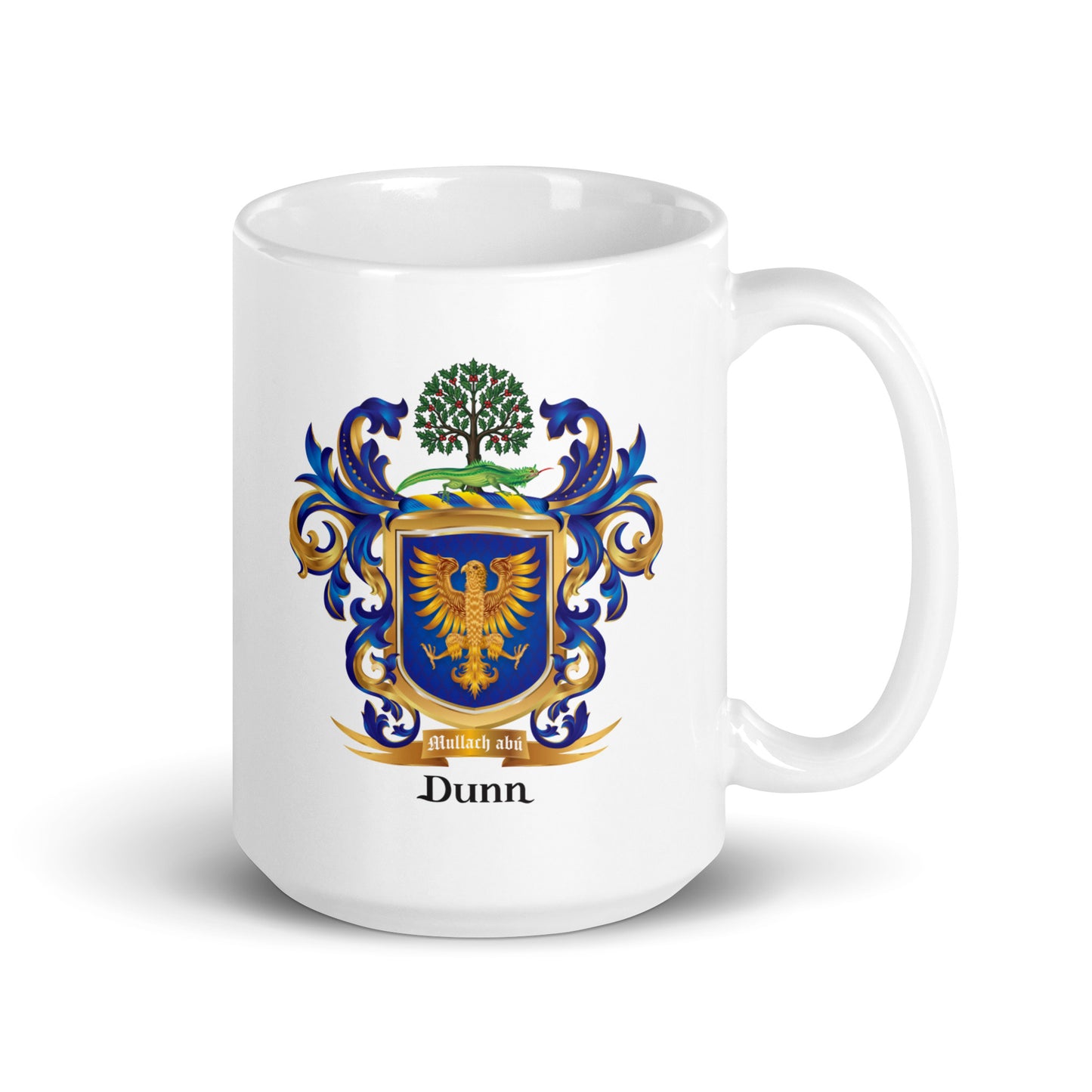White mug with a Dunn family crest on white background