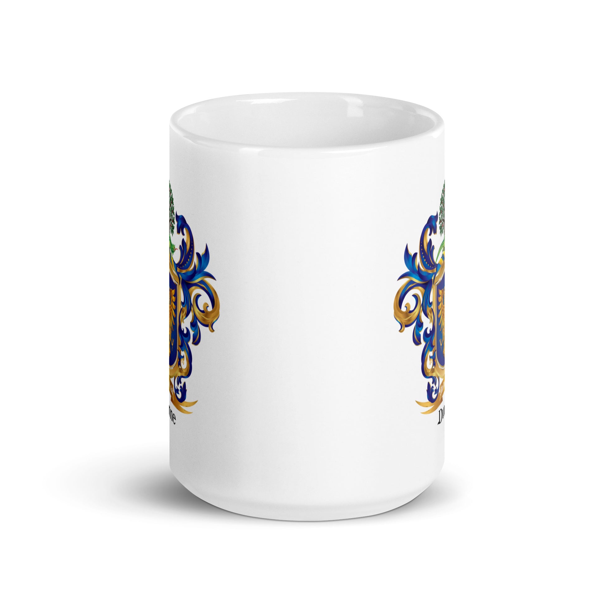 Whit mugs pictured on side to show part of the Dunne family crest printed on two sides against a plain white background.