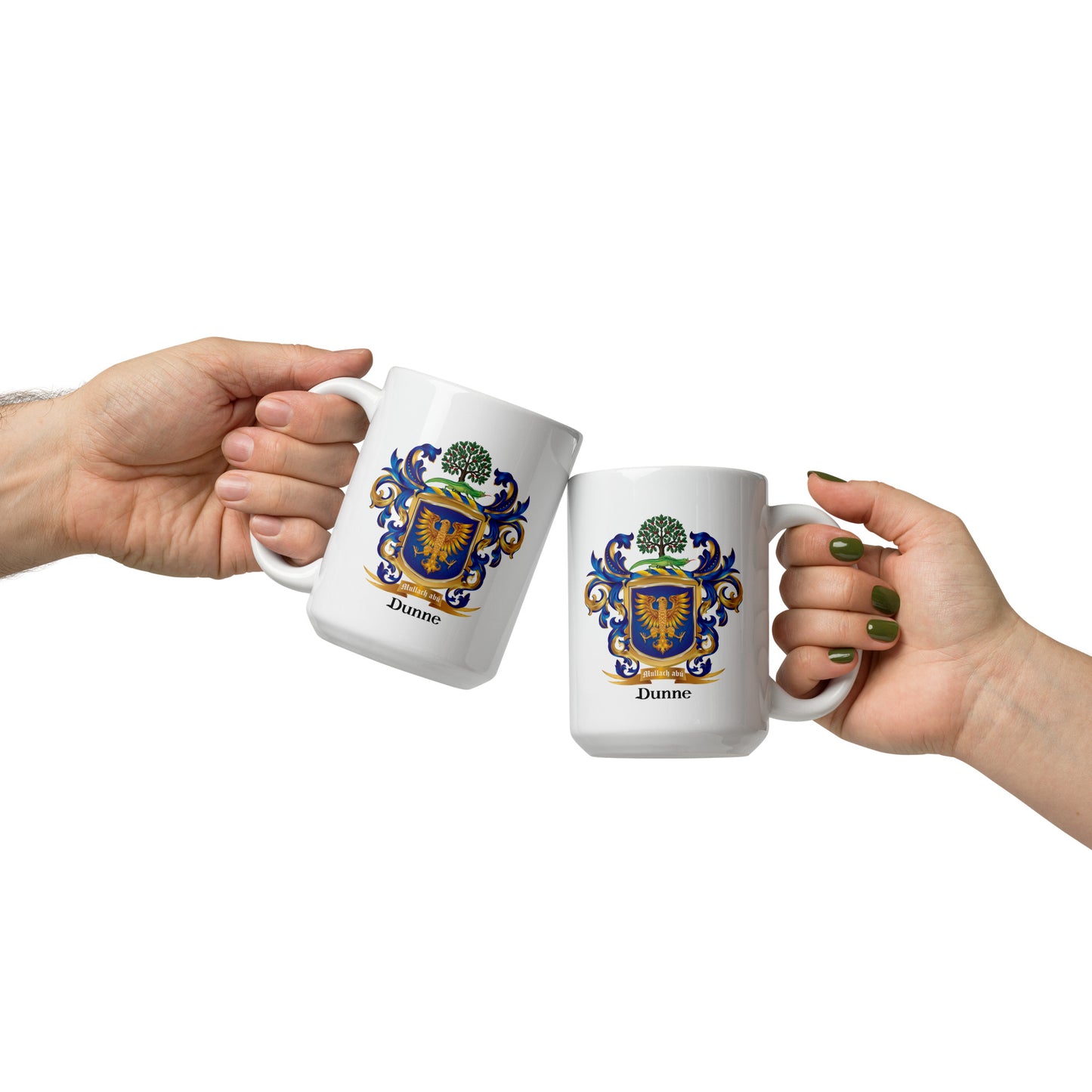 Two hands holding white mugs with Dunne Family Crest on a white background