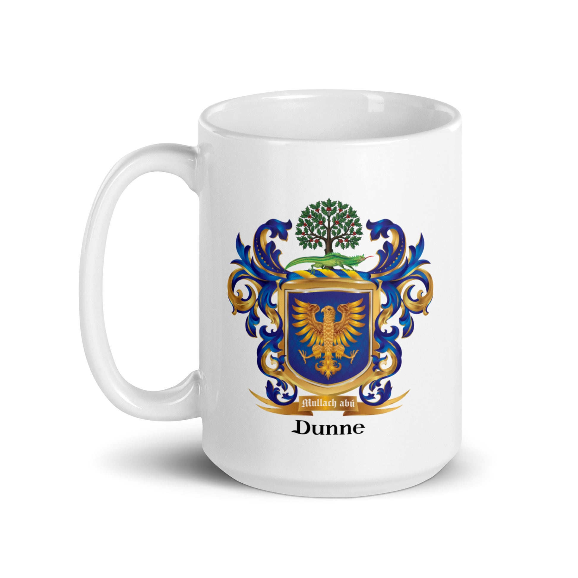 A white ceramic mug featuring the Dunne family crest printed on the front, set against a clean white background with a soft shadow.