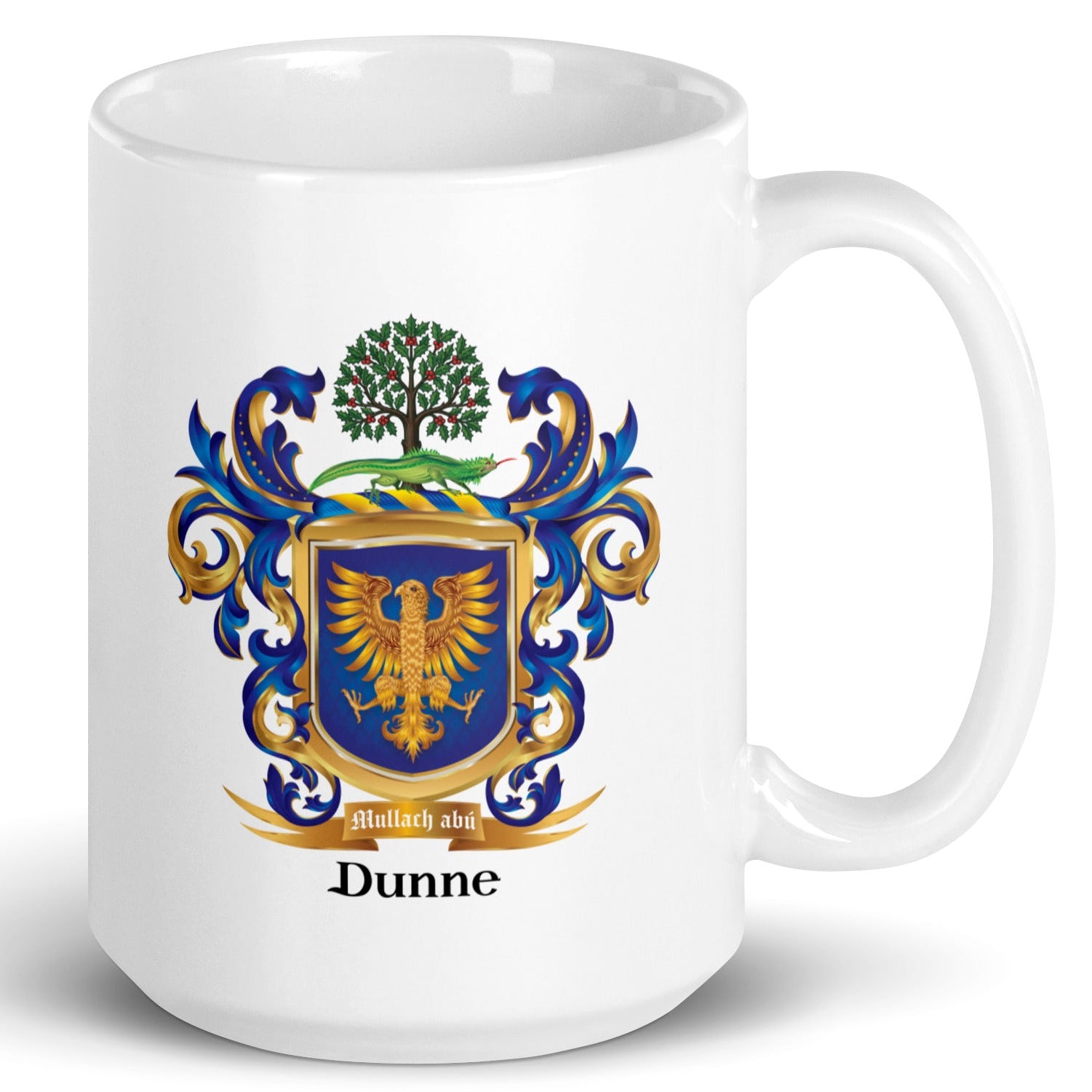 White mug with Dunne Family Crest featuring a golden eagle on a blue shield pictured on a white background