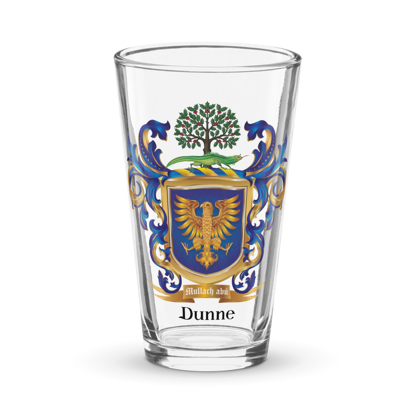 A clear pint glass featuring a printed family crest with a gold eagle, blue and gold shield, green tree, and blue scrollwork, with the name 'Dunne' printed below in black.