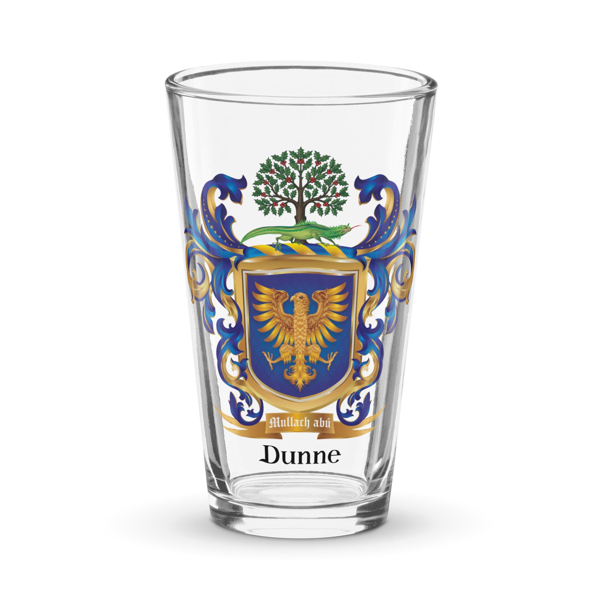 A clear pint glass featuring a printed family crest with a gold eagle, blue and gold shield, green tree, and blue scrollwork, with the name 'Dunne' printed below in black.