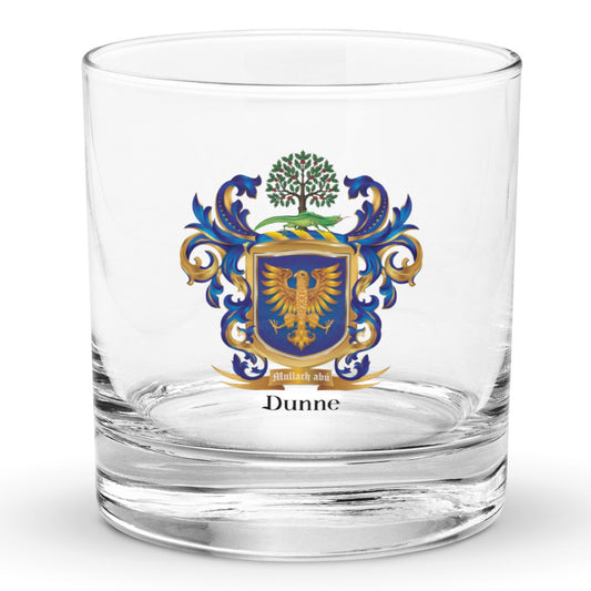 Clear glass with a blue and gold coat of arms and 'Dunne' text on a white background