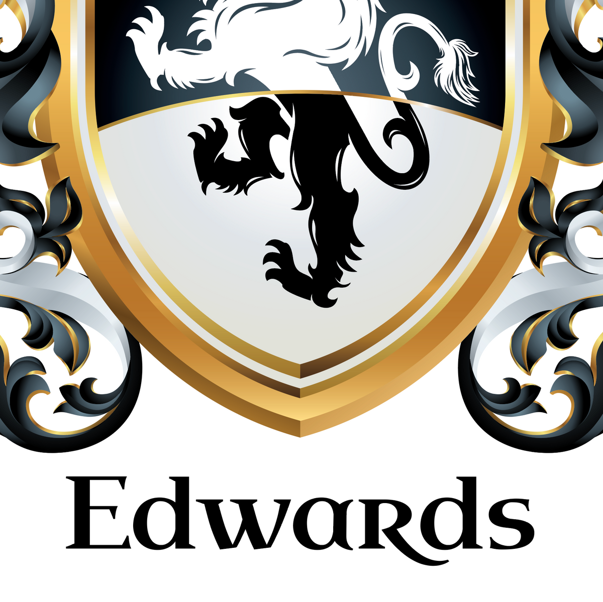 A close-up of the lower part of the Edwards Family Crest showing a gold rimmed shield, black and white lion rampant, decorative scrollwork, and the name 'Edwards' below on a white background.