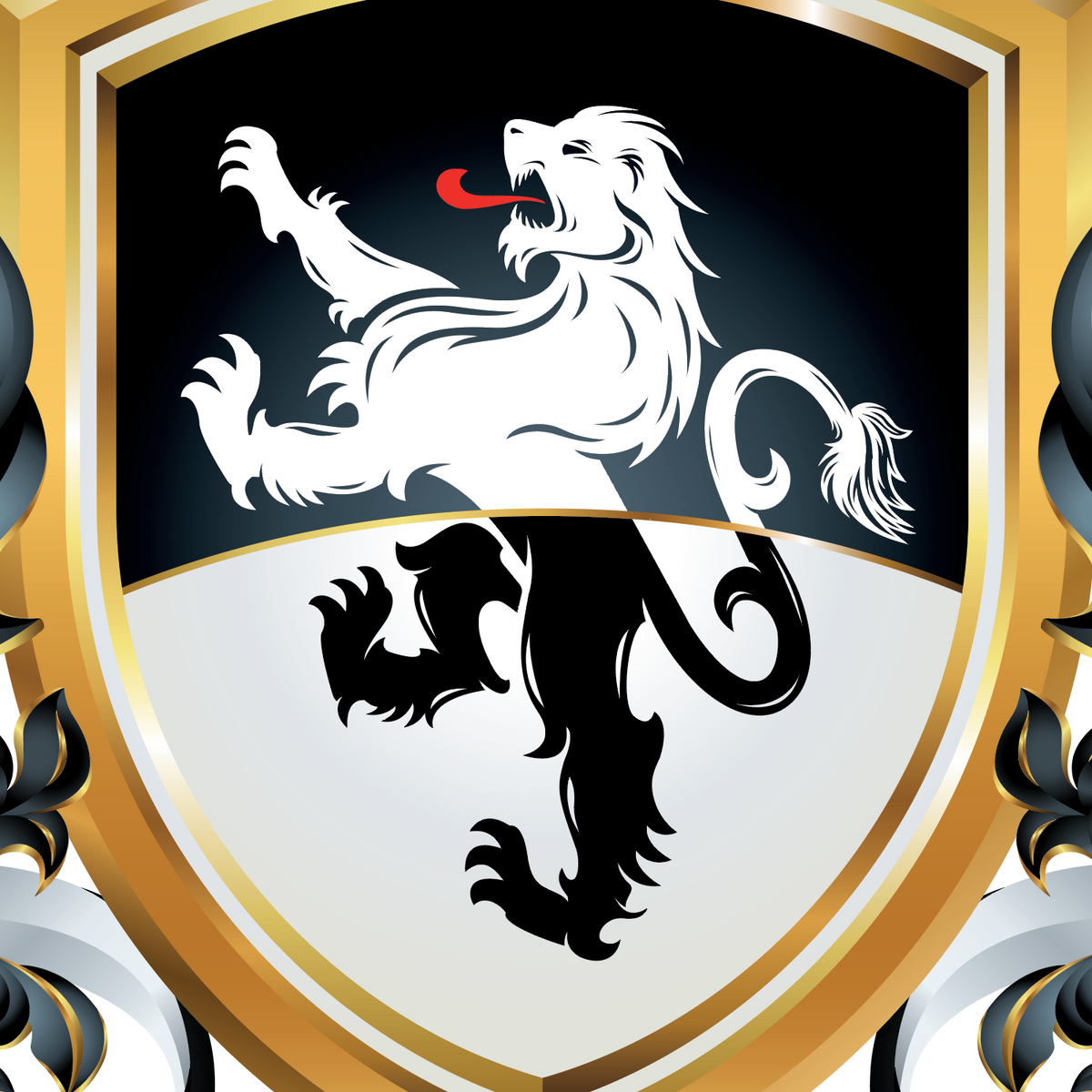 A close-up of the Edwards Family Crest featuring a white lion rampant on a black upper half and a black lion rampant on a white lower half, framed by a gold border with decorative dark flourishes at the corners.