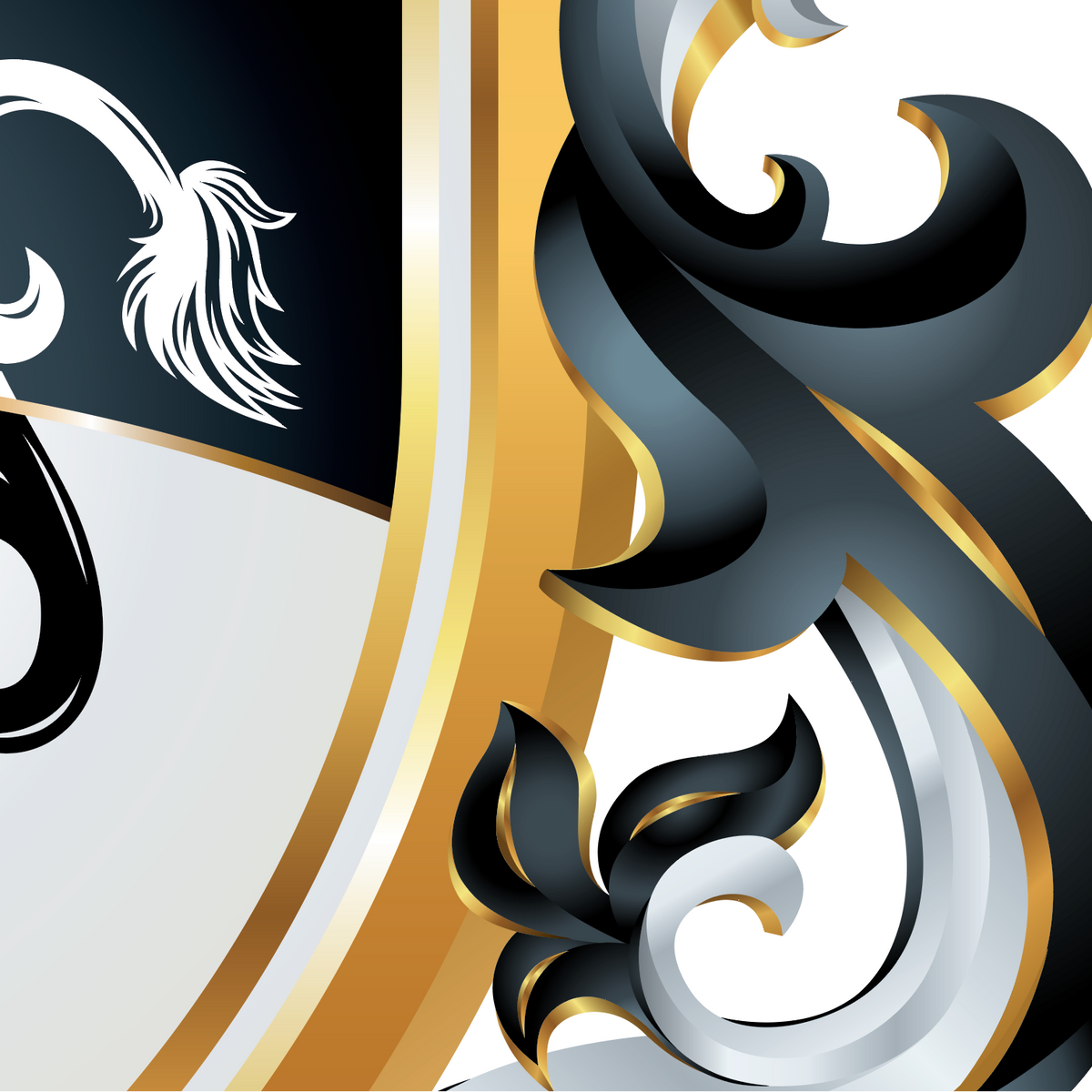 A close-up of the Edwards Family Crest showing part of a heraldic shield with black, white, and gold sections, ornate black mantling with gold edging on a white background.