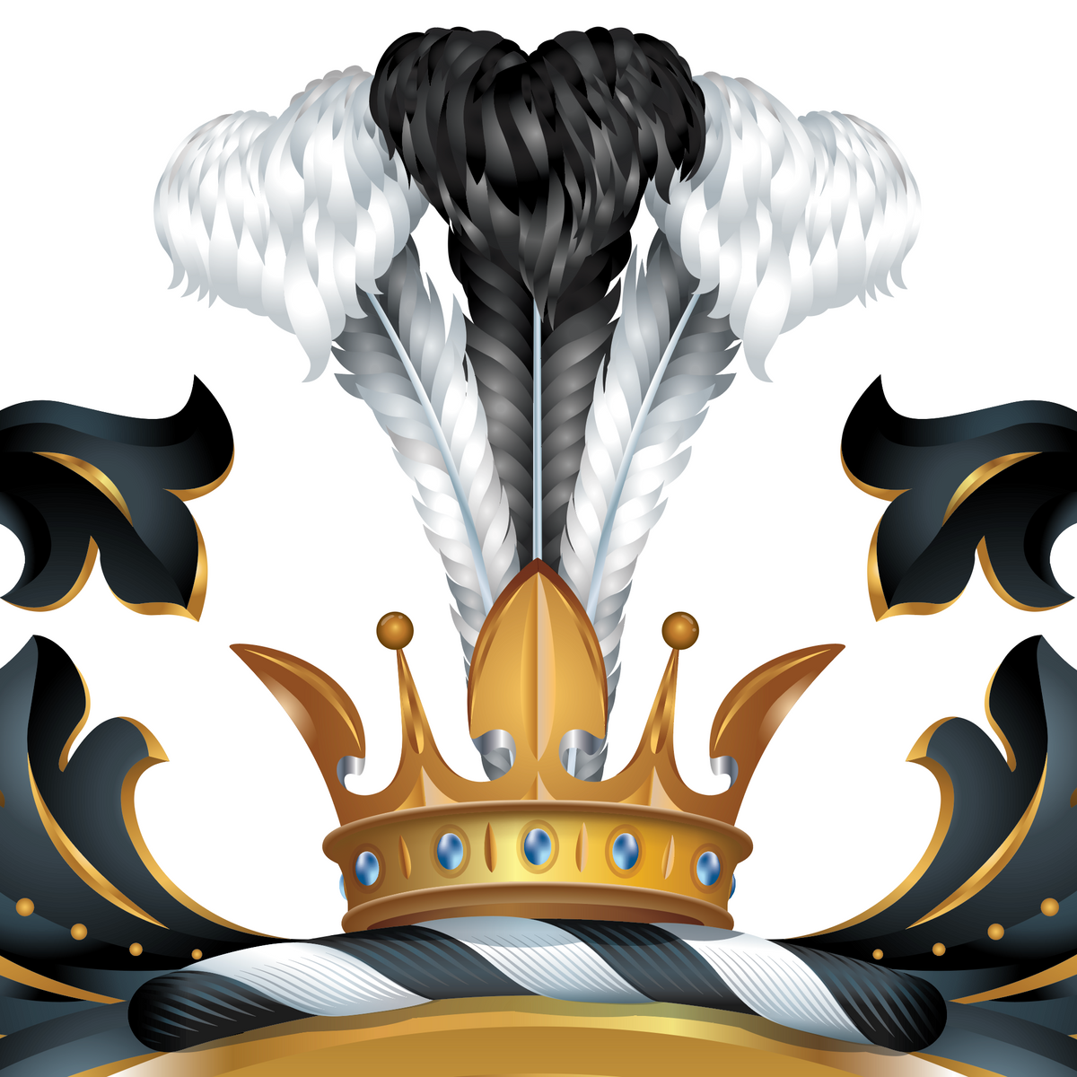 A close-up of the Edwards Family Crest featuring a gold crown with blue gem accents, black and white ostrich feathers, and ornate black and gold mantling on a white background.