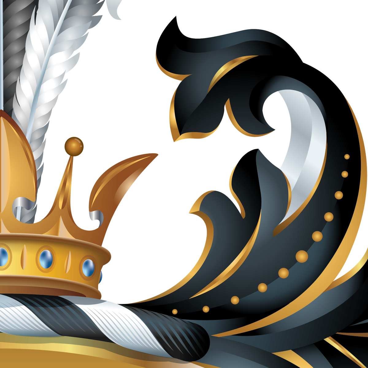 A close-up of the Edwards Family Crest featuring part of a gold crown with blue gemstones and a white feather, alongside bold black, gold, and silver ornamental mantling on a white background.