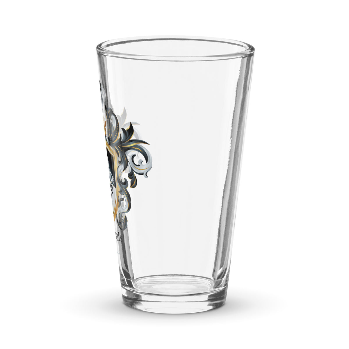 A clear classic pint beer glass on a white background, printed with the Edwards Family Crest - left side view