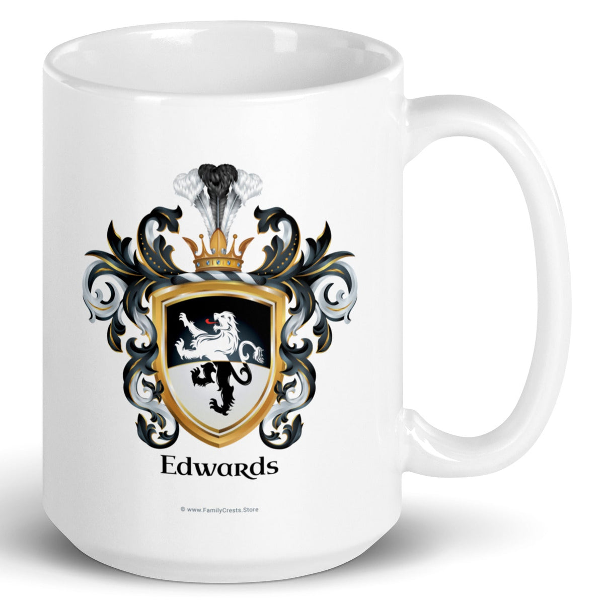A white mug on a white background, printed with the Edwards Family Crest which features a lion on a horizontally split black and white shield. The mug's handle is shown to the right. 