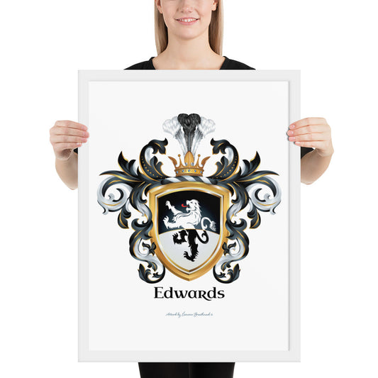 A woman standing in a white background, holding a white framed print of the Edwards Family Crest which features a lion on a horizontally split black and white shield.