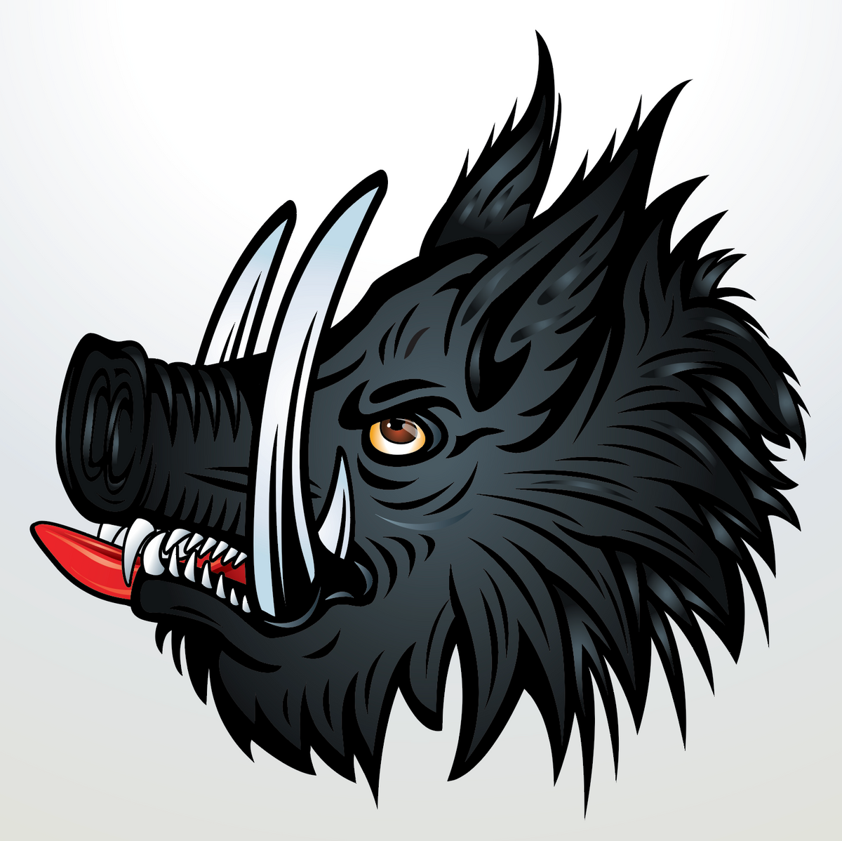 A stylized graphic illustration of a wild boar head in profile, shown on a light gray background with subtle gold corner accents.