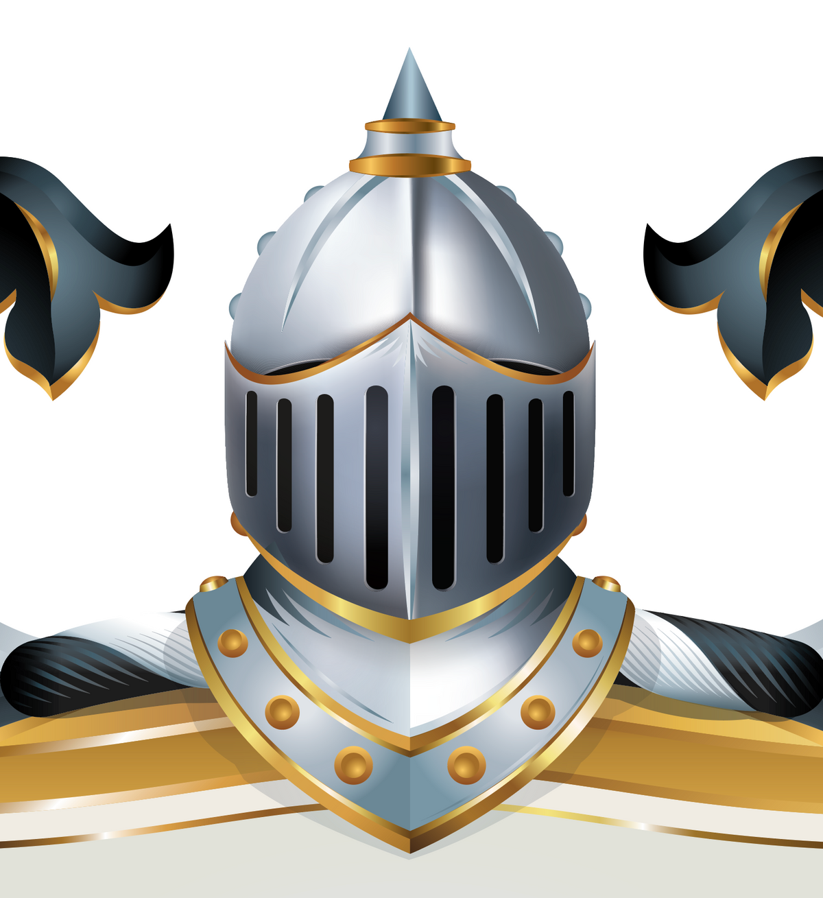 A closeup of the silver knight's helmet with gold trim, from the Irish Evans crest
