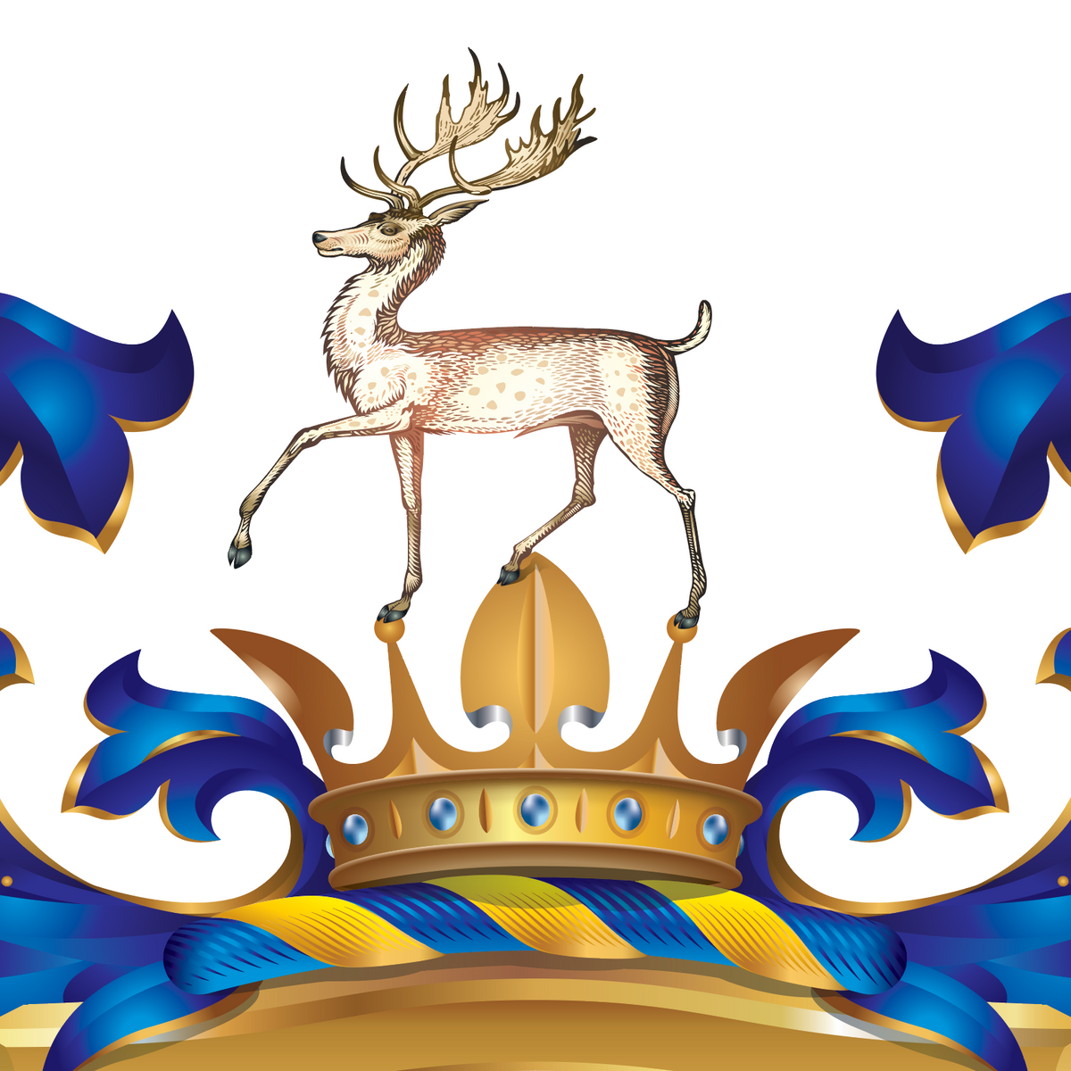 A heraldic-style illustration featuring a stag with antlers standing above a gold crown, with blue and gold scrollwork on a white background.