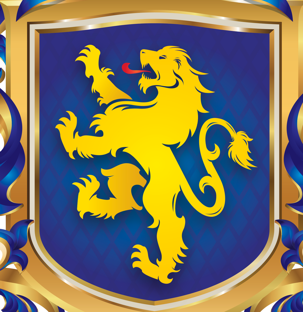 A heraldic shield featuring a golden lion rampant on a deep blue background, framed by ornate gold and blue decorative borders.