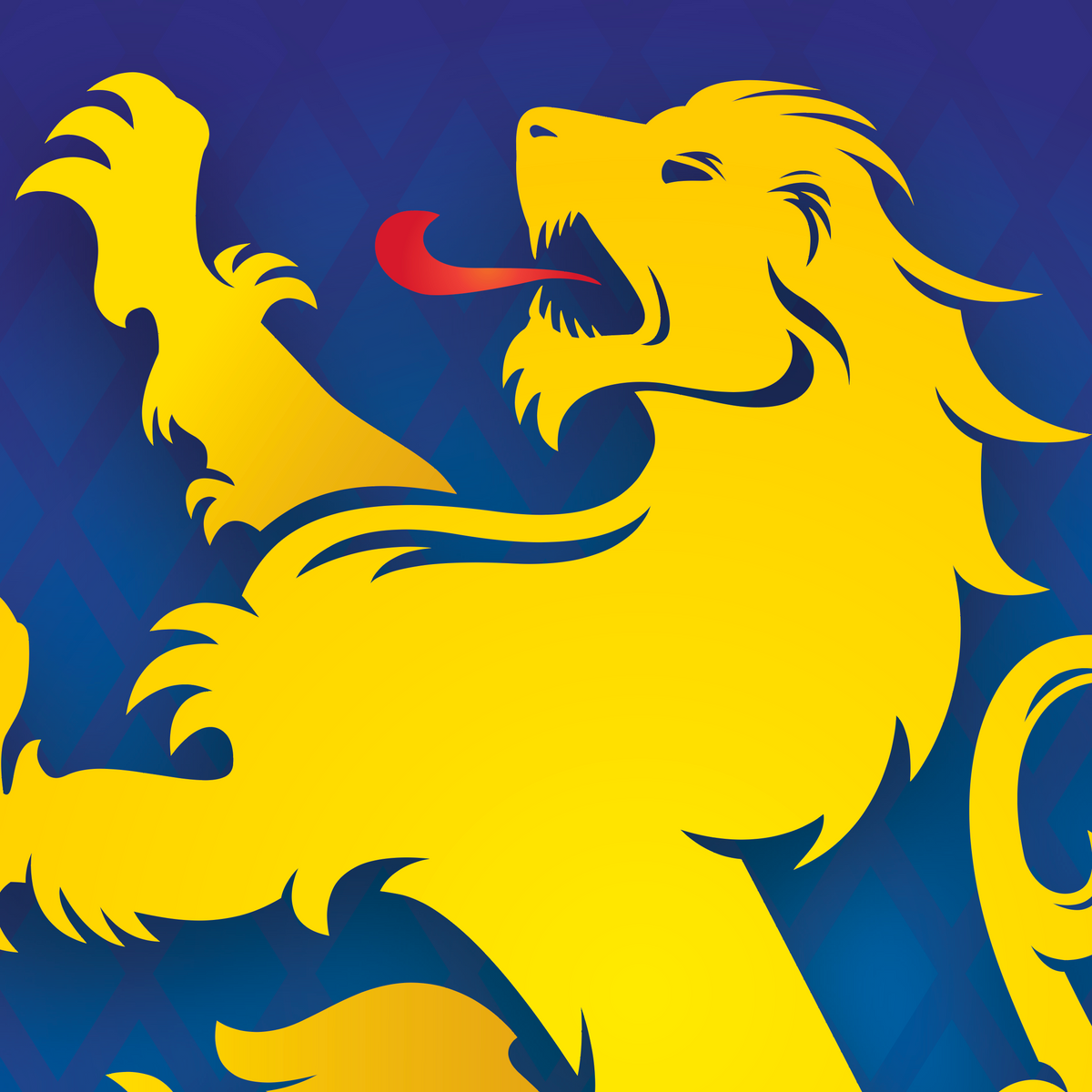 A gold rampant logo on a blue patterned background, with a red tongue.