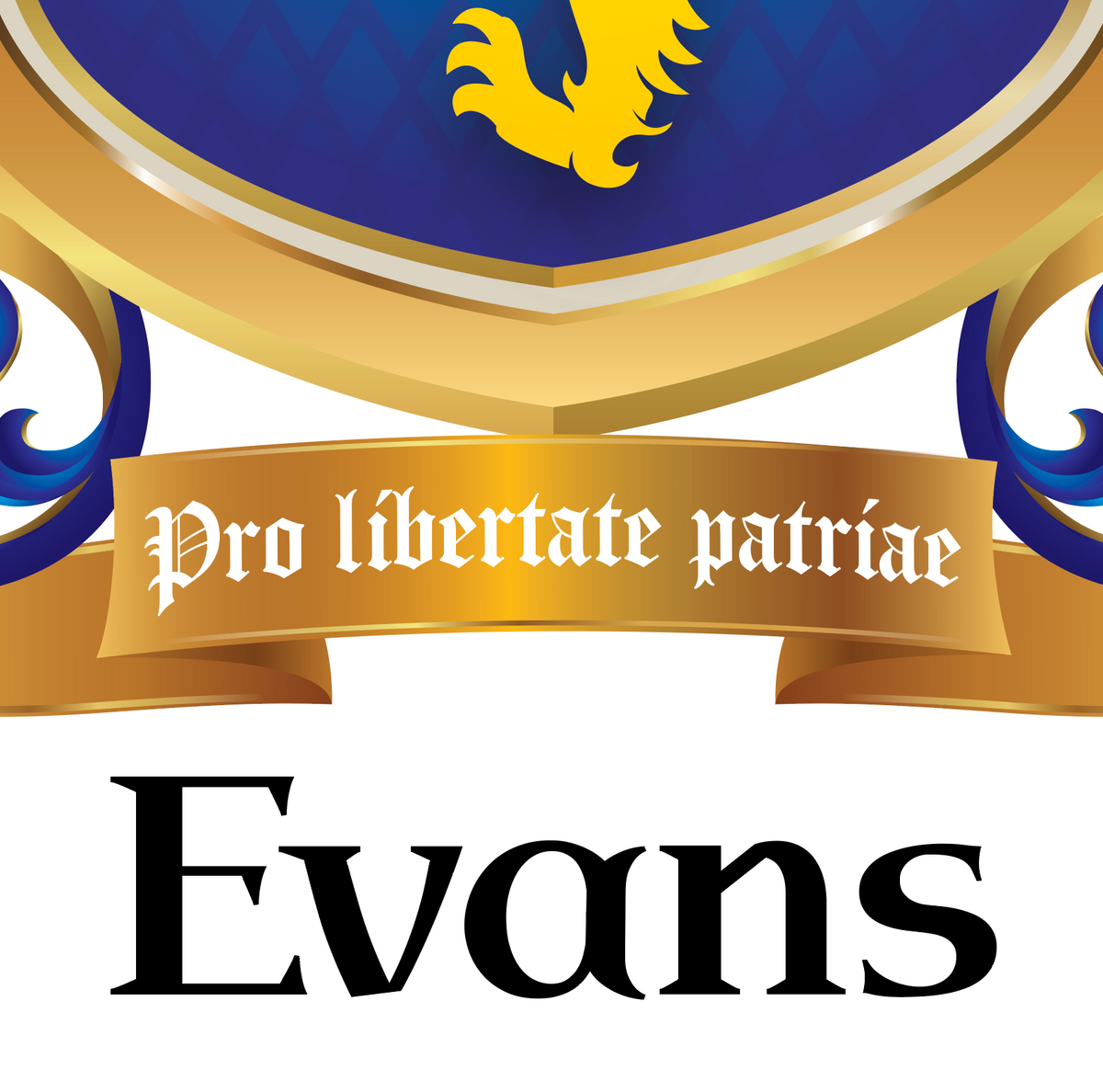 A graphic logo or emblem featuring a blue shield with a yellow lion, a gold banner reading 'Pro libertate patriae,' and the word 'Evans' in large black serif text below on a white background.
