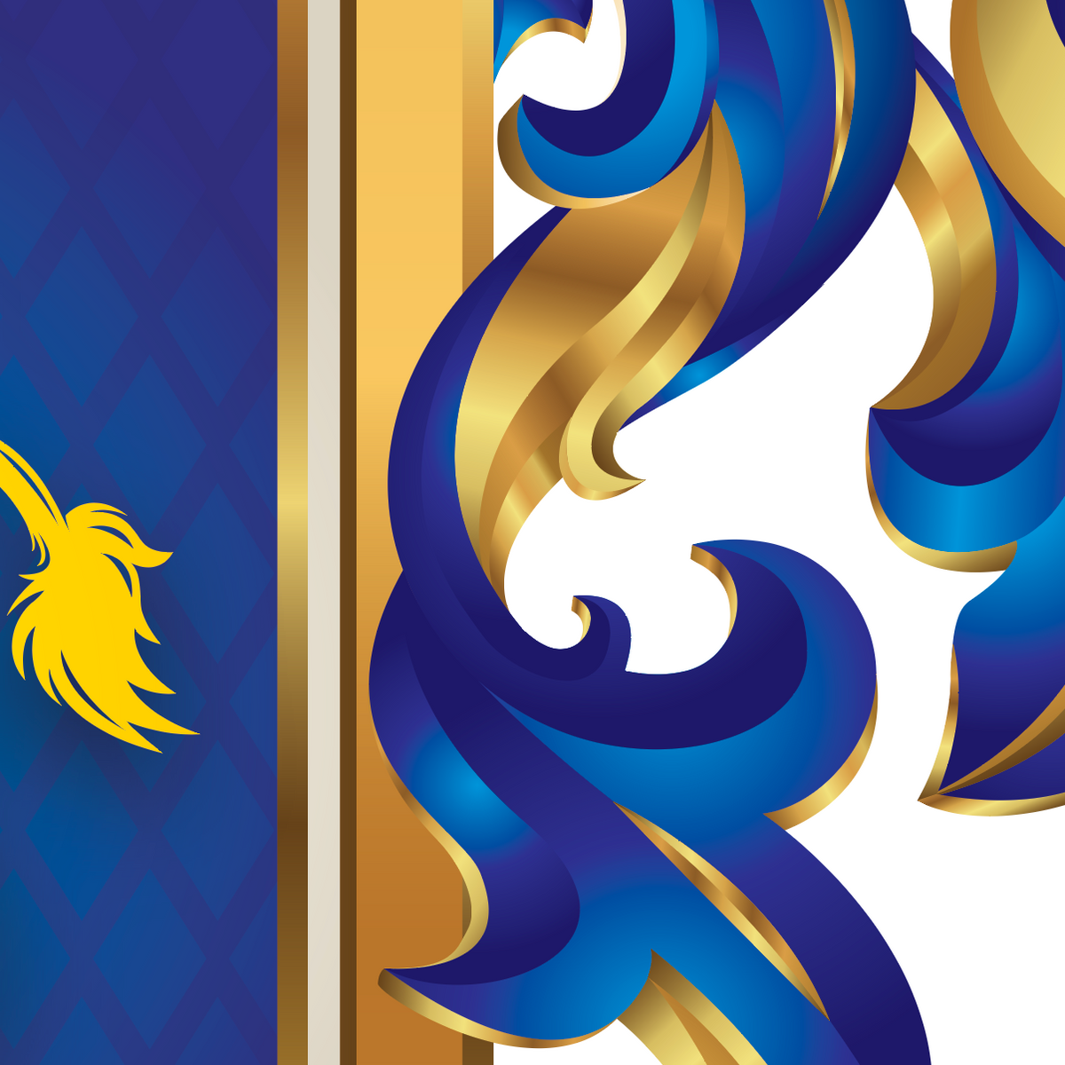 A close-up of the Welsh origin Evans_Family-Crest with decorative ornate blue and gold scrollwork with a vertical gold stripe, a blue patterned panel, and lion tail.