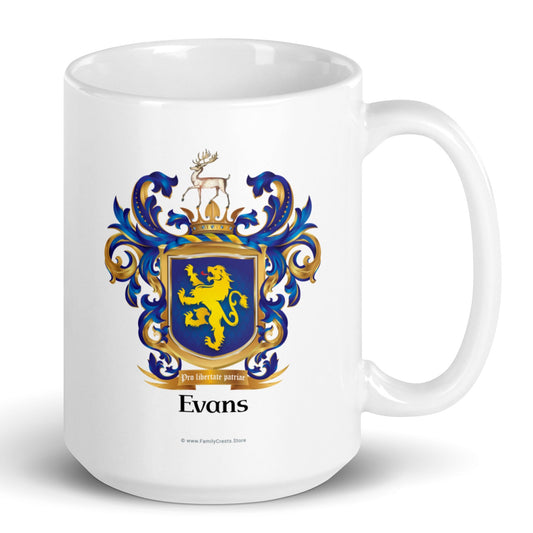 Evans Family Crest with lion and stag on a white mug