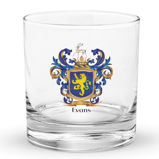 A classic heavy base rocks glass with a heavy base with the Welsh origin Evans Family Crest with a gold lion on a blue shield with a stag on the crest printed on it.